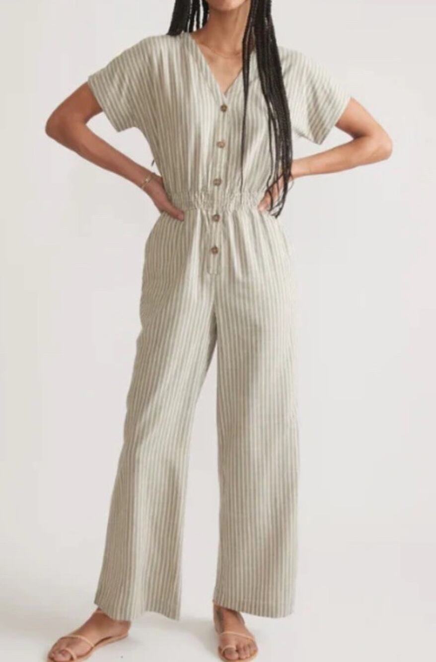 Marine Layer Lia Wide Leg Khaki Stripe Jumpsuit Preppy Outdoor Comfort Sz S